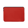A red laptop sleeve with a black zip closure and a smooth exterior. It features a logo on the front.