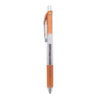 A gel ink pen with a transparent barrel, orange grip, and a silver clip. It has multiple ink colours.