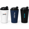 A travel cup set featuring three colours: white, navy, and black, each with a black lid and a logo.