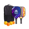A Fiberglass Pickleball Set featuring two paddles, a black carry bag, and three yellow balls.