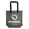 A grey tote bag with black handles featuring a logo and branding on the front.