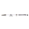 A white pen with a black grip and silver accents, featuring a logo on the barrel.