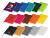 A collection of A5 notebooks in various colours, each with a decorative logo, displayed in a row.