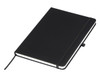 A black A5 notebook with an elastic closure and ribbon bookmark, featuring a simple design and branded logo.