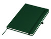 A dark green A5 notebook with a textured cover, elastic closure, and a ribbon bookmark. Features a logo on the cover.
