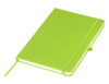 A bright green A5 notebook with a smooth cover, elastic band, and ribbon bookmark, featuring a logo.