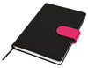 A black notebook with a pink elastic closure and a ribbon bookmark. Features a logo on the cover.