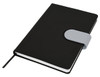 A black notebook with a grey clasp, featuring a ribbon bookmark and a sleek design, ideal for office use.