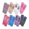 Fluffy grip socks in various colours including pink, grey, and beige, with whimsical text designs.