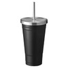 A drink bottle featuring a sleek black design with a stainless steel lid and straw. It has a logo on the surface.