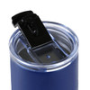 A drink bottle with a navy blue exterior and a clear lid featuring a black flip top. It has a logo on the side.