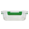A clear lunch box with a green handle, designed for easy transport and storage of meals.