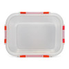 A clear lunch box with red and pink clips on the edges, featuring a rectangular shape and transparent design.