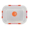 A clear lunch box with orange and pink accents, featuring a logo in the centre.