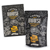 A large black foil stand-up pouch featuring various coffee-themed illustrations and a logo.