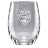 A clear stemless wine glass featuring an etched design related to "Vanlife" and outdoor themes.