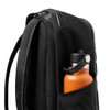A black backpack featuring a side pocket containing an orange drink bottle. The backpack has a sleek design.