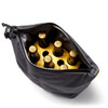 A black cooler bag containing six drink bottles, with a zippered closure and a logo visible on the outer surface.
