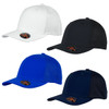 A collection of four caps in white, black, blue, and navy, featuring a logo on the front.
