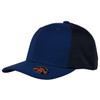 A navy blue cap featuring mesh panels and a logo on the front. It has a structured design and a curved brim.