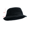 A black terry towelling bucket hat with a wide brim and soft texture, featuring a logo. Dimensions indicated.