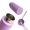 A drink bottle in pastel purple with a stainless steel interior and a straw lid, featuring a simple design.