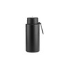 A drink bottle made of stainless steel, featuring a straw lid and a sleek black design. It has a logo on the body.