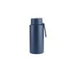 A drink bottle in dark blue, made from stainless steel, featuring a straw lid and a side handle.