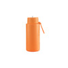 An orange 1L stainless steel drink bottle with a straw lid and a carry handle. It features a logo.
