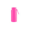 A drink bottle in bright pink, made of stainless steel, featuring a straw lid and a branding logo.