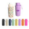 A drink bottle collection featuring various colours and designs, including patterned skulls and solid pastels, with a straw lid.