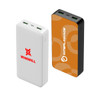 A white and orange power bank with dual USB ports and branding on one side.
