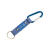 A blue carabiner keyring with a fabric strap and a metal keyring attachment. It has a logo.