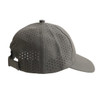 A grey perforated cap with a curved brim and adjustable strap, featuring ventilation holes and a logo.