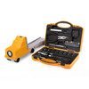 A truck-shaped tool kit in yellow, featuring a variety of tools and accessories in a matching case with a handle.