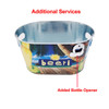 An oval ice bucket in metallic finish featuring a beach theme, with a bottle opener attachment.