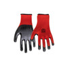 A pair of gardening gloves featuring a red and black design, with a textured surface for grip.