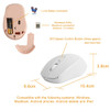 A wireless mouse in white with a pink underside, featuring a battery compartment and DPI control button.
