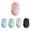 A wireless mouse in pink, blue, green, white, and black, featuring a logo on each.
