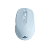 A light blue wireless mouse featuring a scroll wheel, a button, and a logo at the base.
