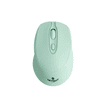 A wireless mouse in a soft mint green colour with a logo on the base. The design features a scroll wheel and buttons.