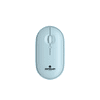 A light blue wireless travel mouse with a scroll wheel and a logo on the surface.