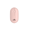 A pink wireless travel mouse with a smooth surface and a logo on the base.