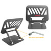 A foldable metal laptop stand in grey with a hex wrench slack adjuster included. Features a sleek design and branding.