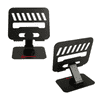 A foldable metal tablet stand in black, featuring adjustable angles and a sturdy base, with a logo on the front.