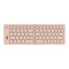 A wireless foldable keyboard in a light pink colour with a compact design and a logo on the side.
