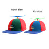 A propeller baseball cap in red, green, and blue, available in adult and kid sizes, featuring a logo on the front.
