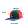 A red, green, and blue propeller baseball cap with an adult size. It features a logo and a spinning propeller on top.