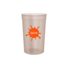 A translucent plastic stadium cup in beige with a logo featuring an orange splash and the word "Sports."