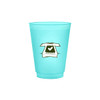A frosted turquoise plastic stadium cup with a logo featuring a t-shirt design.